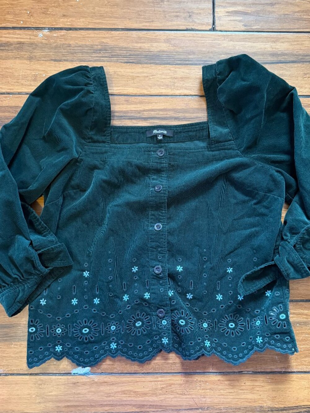 Madewell Embroidered Eyelet Corduroy Tie-Sleeve Top, Green Size M